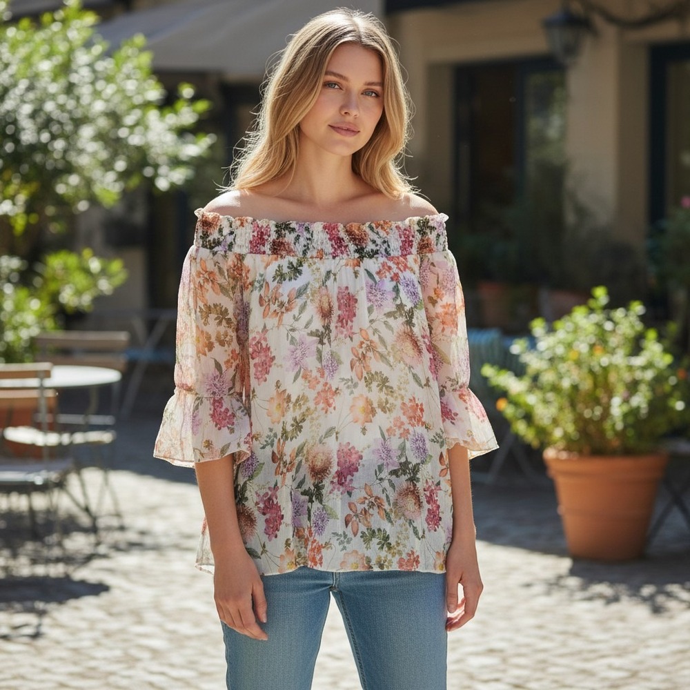 Angela Moda Italy Silk Off Shoulder Floral Blouse Ruffle Sleeve Pink Orange S